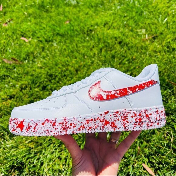 NIKE Custom Air Force 1 Red & White Splatter Sneakers NWB - Picture 2 of 6